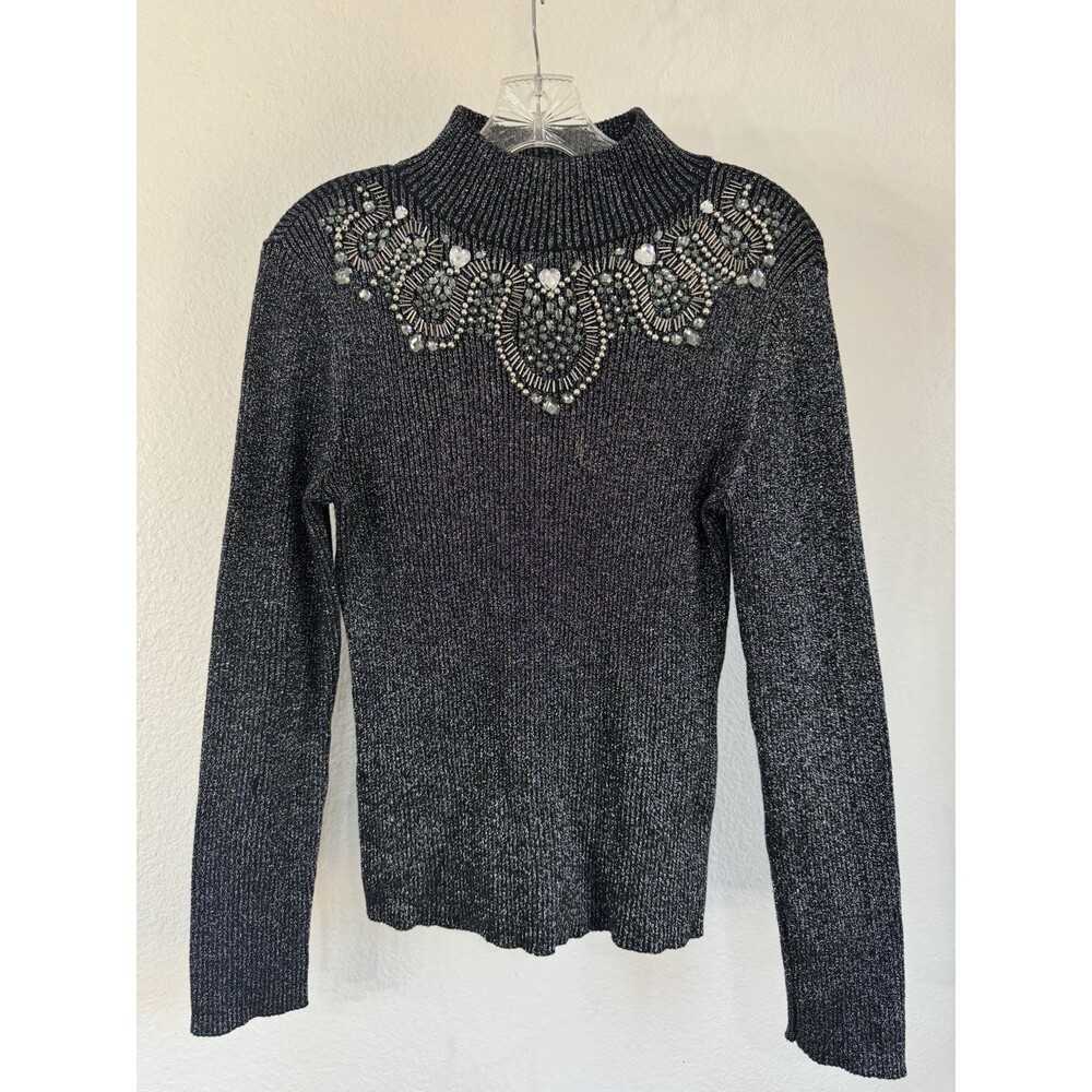 Objects D'art Blouse Top Womans PL Beaded Neck Links Metallic Black Fancy
